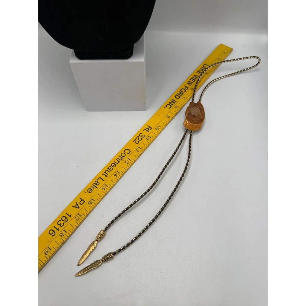 Vintage Dennis Dahl 1996 Wood Bolo Tie 1907 Indian Head Penny Gold Feather Tips